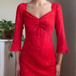 90’s Vintage Jonathan Martin Red Floral Midi Dress with Sweetheart Neckline